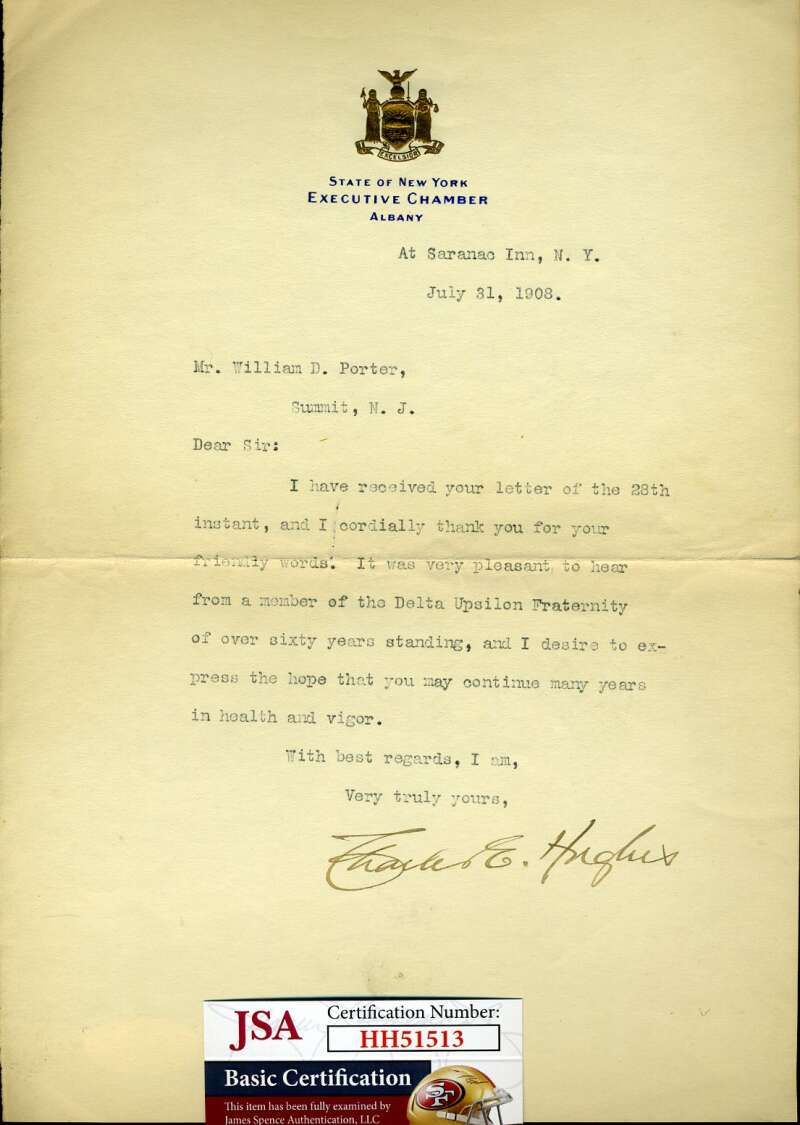 Judge Charles Evans Hughes JSA Cert Hand Signed 1908 Letter Supreme Court Justice Autograph