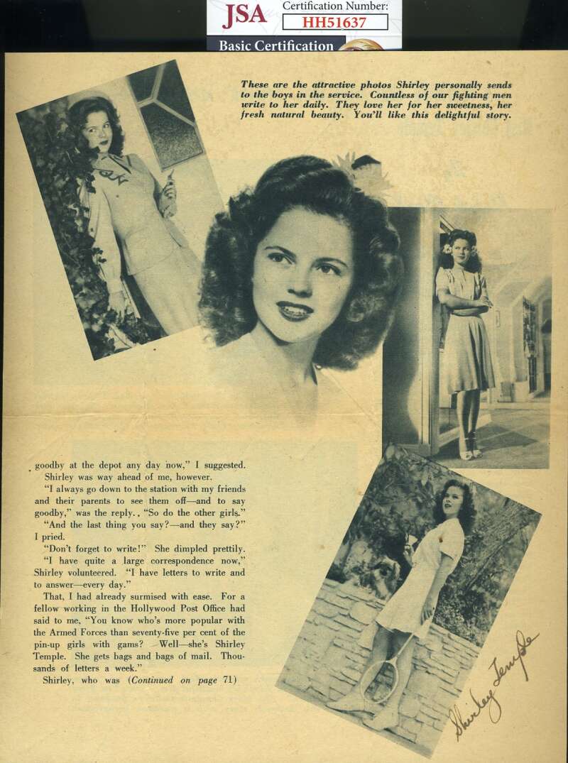 Shirley Temple JSA Coa Signed 9x7 1940`S Photo Page Autograph
