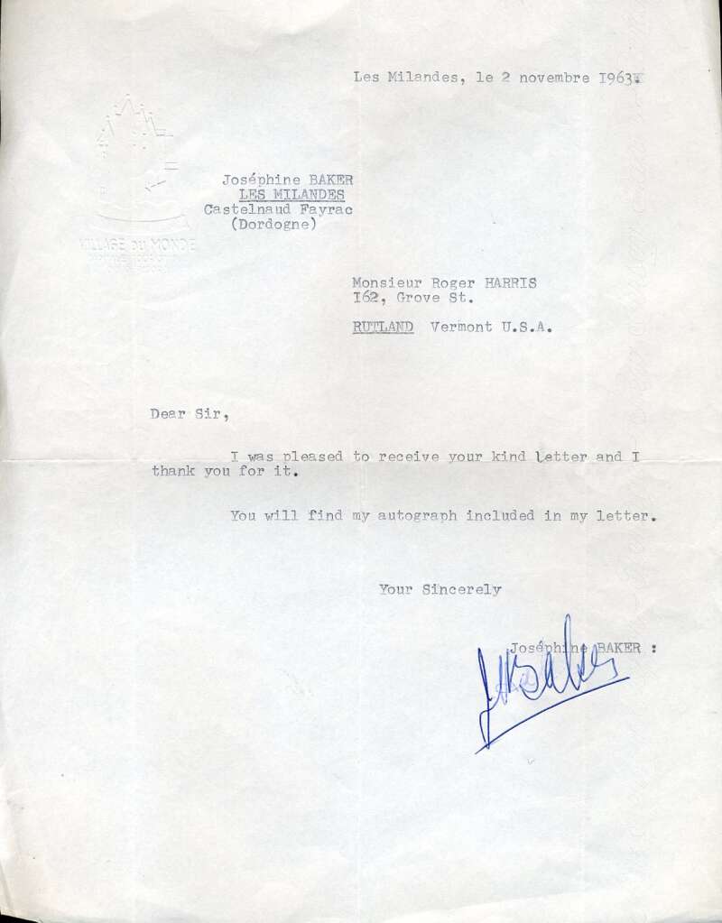 Josephine Baker JSA Coa Signed 1963 Letter Autograph