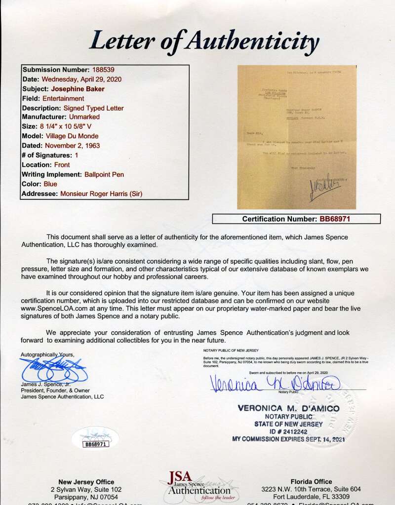 Josephine Baker JSA Coa Signed 1963 Letter Autograph