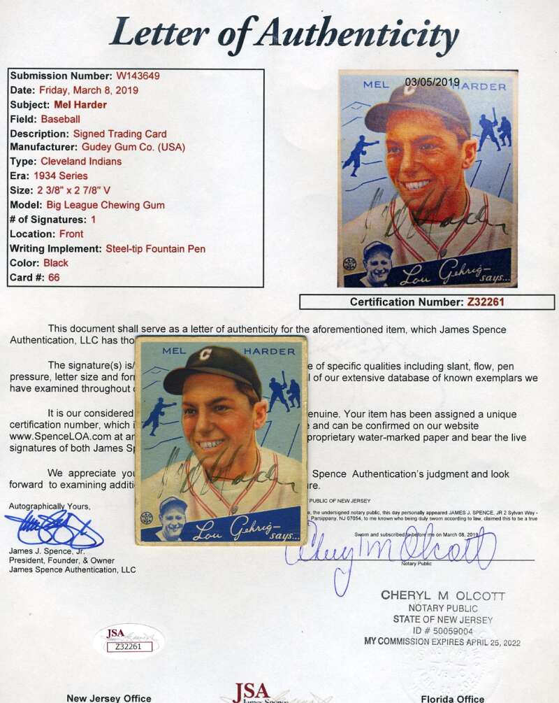 Mel Harder 1934 Goudey Rookie JSA Loa Autograph Authentic Hand Signed