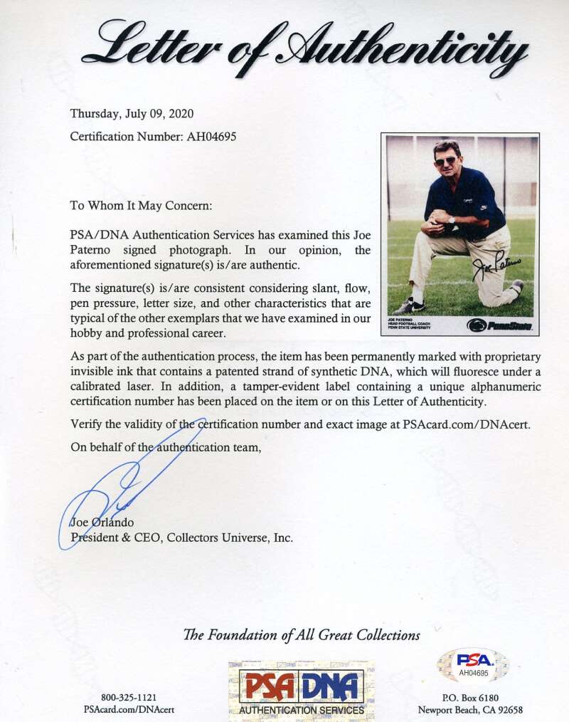 Joe Paterno  PSA DNA Coa Autograph Hand Signed 8x10 Photo Autograph