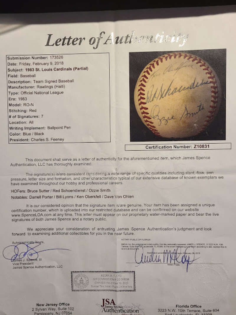 1983 Cardinals Ozzie Porter Red JSA Autograph National League Feeney Signed By 7 BasebaLL