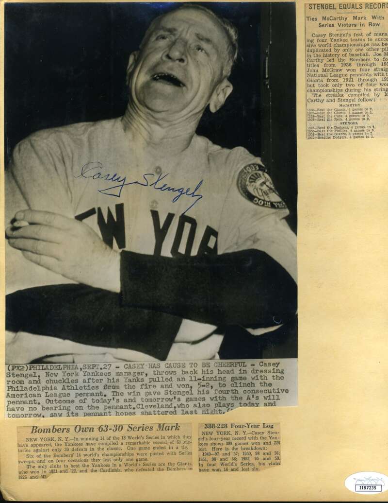 Casey Stengel JSA Coa Hand Signed Wire Photo On Album Page Autograph