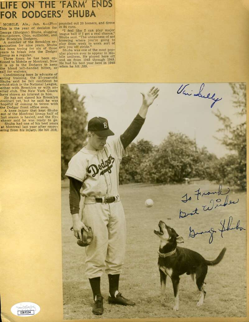 Vin Scully George Shuba Billy Cox Ben Wade JSA Signed Wire Photo On Album Page Autograph