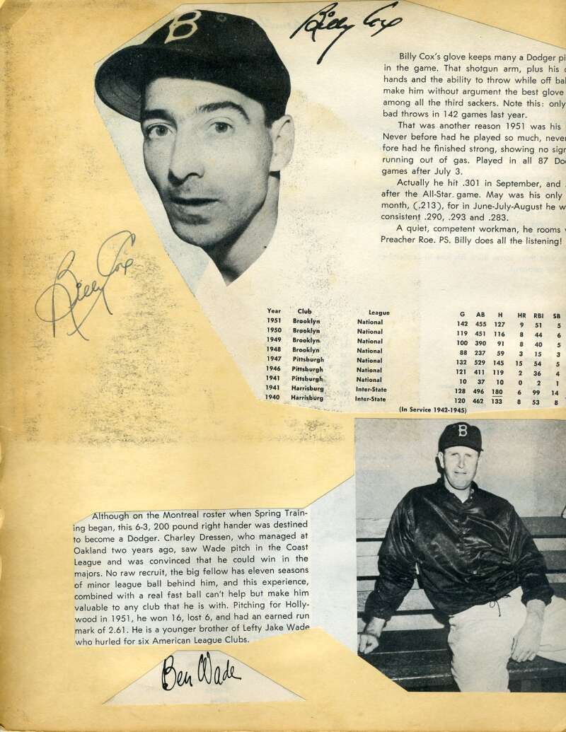 Vin Scully George Shuba Billy Cox Ben Wade JSA Signed Wire Photo On Album Page Autograph