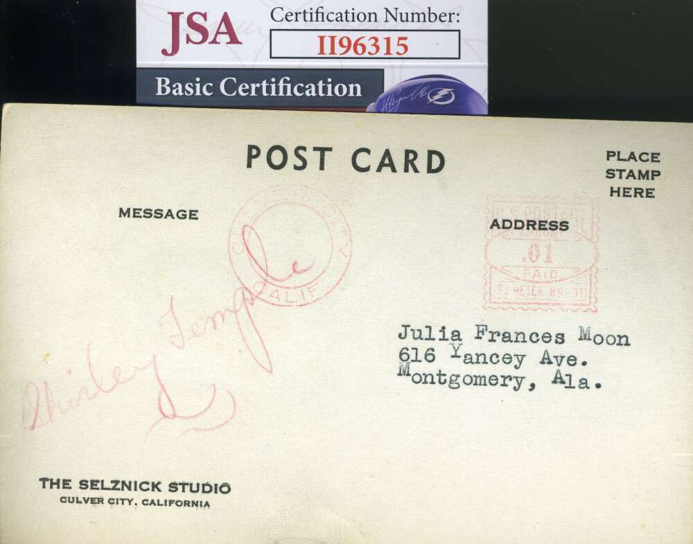 Shirley Temple JSA Coa Signed 1940`s Photo GPC Govt Postcard Autograph