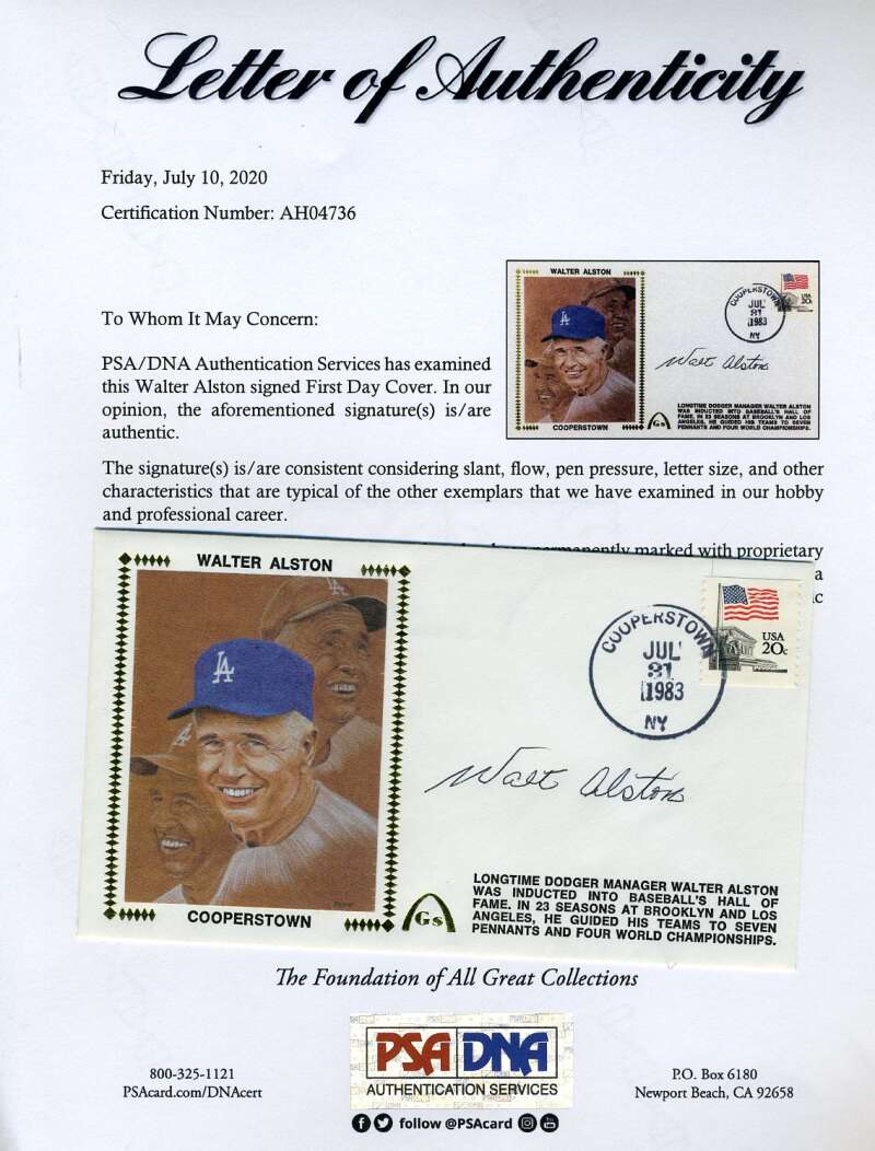 Walt Alston PSA DNA Coa Autograph Hand Signed 1983 FDC Cache