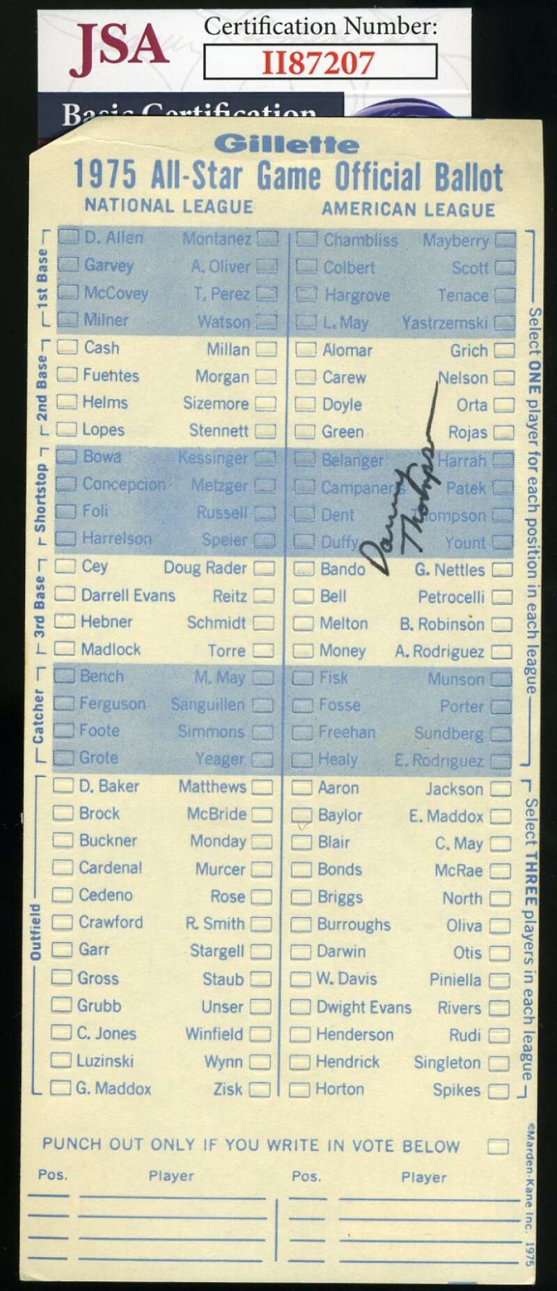 Danny Thompson JSA Coa Autograph Hand Signed 1975 All Star Ballot
