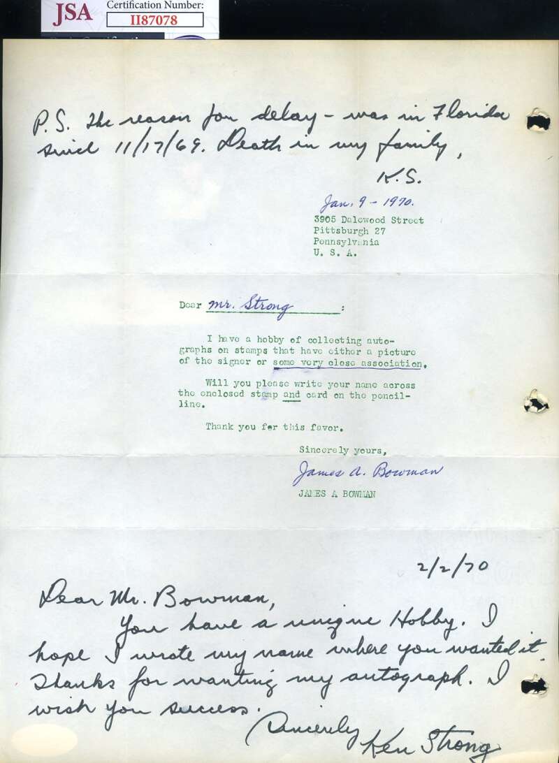 Ken Strong JSA Coa Autograph Hand Signed 1970 Handwritten Letter