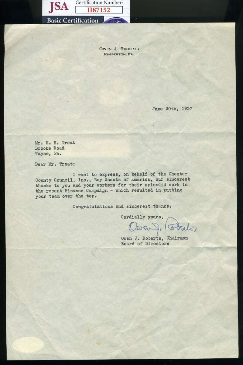 Owen Roberts JSA Coa Hand Signed Supreme Court Justice 1937 Letter Autograph