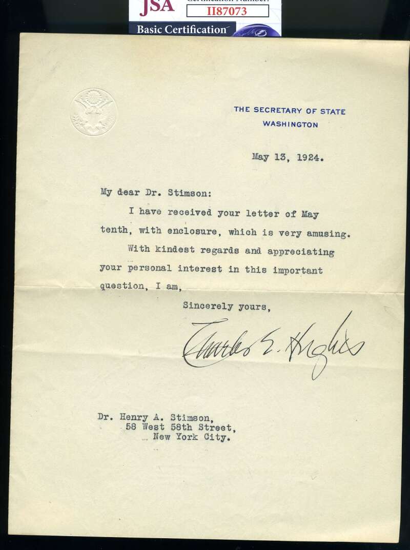 Charles Evans Hughes JSA Coa Hand Signed Supreme Court Justice 1924 Letter Autograph