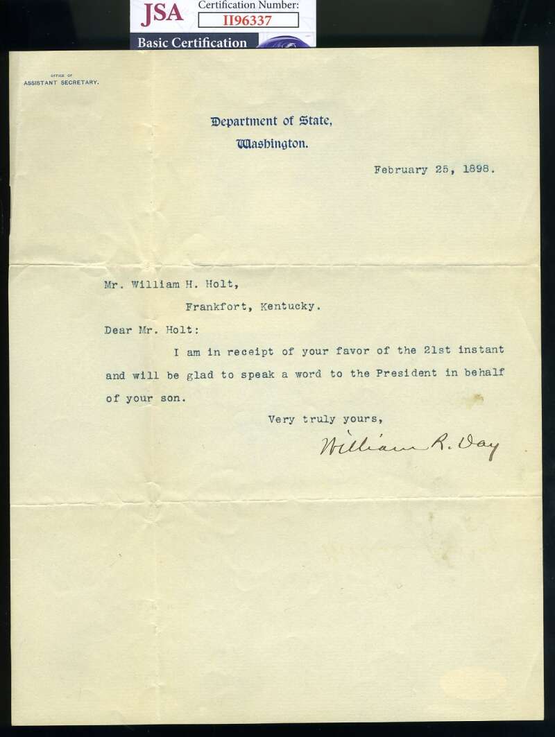 William R Day JSA Coa Hand Signed Supreme Court Justice 1898 Letter Autograph