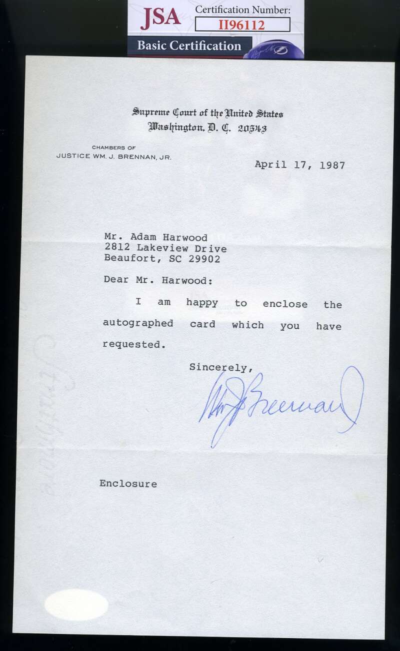 William Brennan JSA Coa Hand Signed Supreme Court Justice Letter Autograph