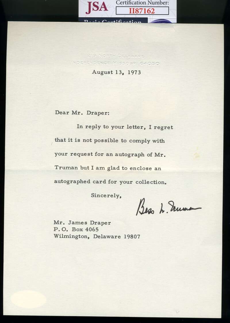 Bess Truman JSA Coa Hand Signed 1973 Letter Autograph