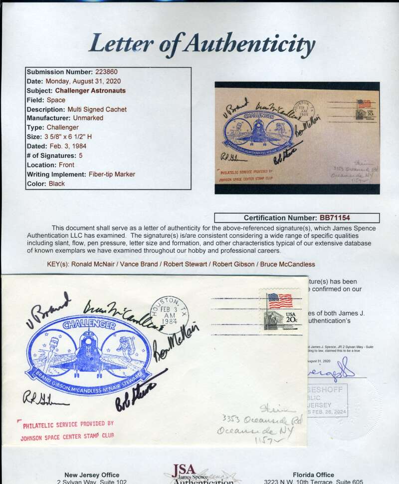 Ronald McNair JSA Coa Hand Signed By 5 Challenger FDC Cache Autograph