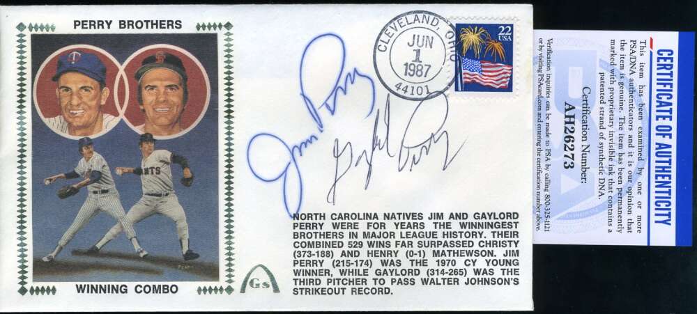 Jim And Gaylord Perry PSA DNA Coa Autograph Hand Signed 1987 FDC Cache