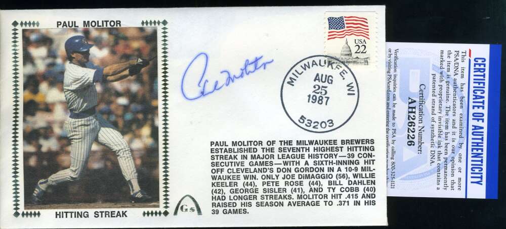 Paul Molitor PSA DNA Coa Autograph Hand Signed 1987 FDC Cache