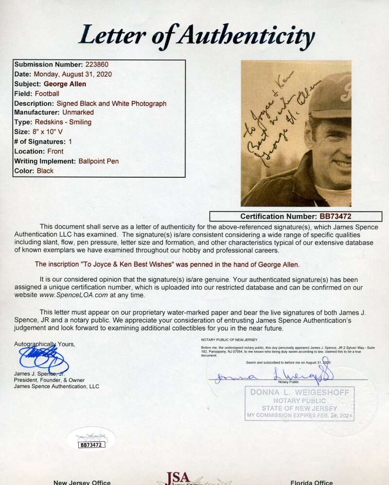 George Allen JSA Coa Hand Signed 8x10 Photo Autograph