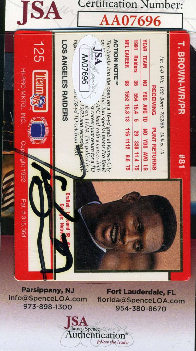 Tom Brown JSA Coa Autograph 1992 Action Packed Hand Signed