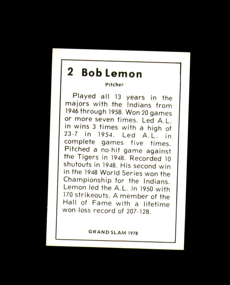 Bob Lemon Signed 1978 Grand Slam Cleveland Indians Autograph