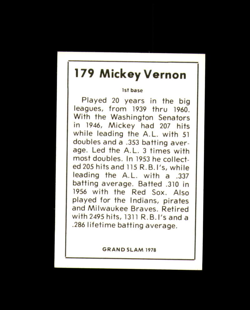 Mickey Vernon Hand Signed 1978 Grand Slam Washington Senators Autograph