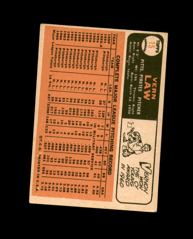 Vern Law Hand Signed 1966 Topps Pittsburgh Pirates Autograph