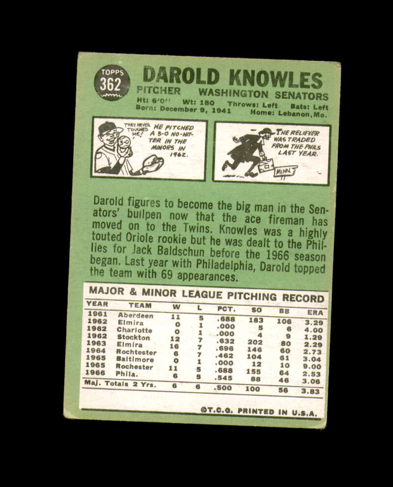 Darold Knowles Hand Signed 1967 Topps Washington Senators Autograph