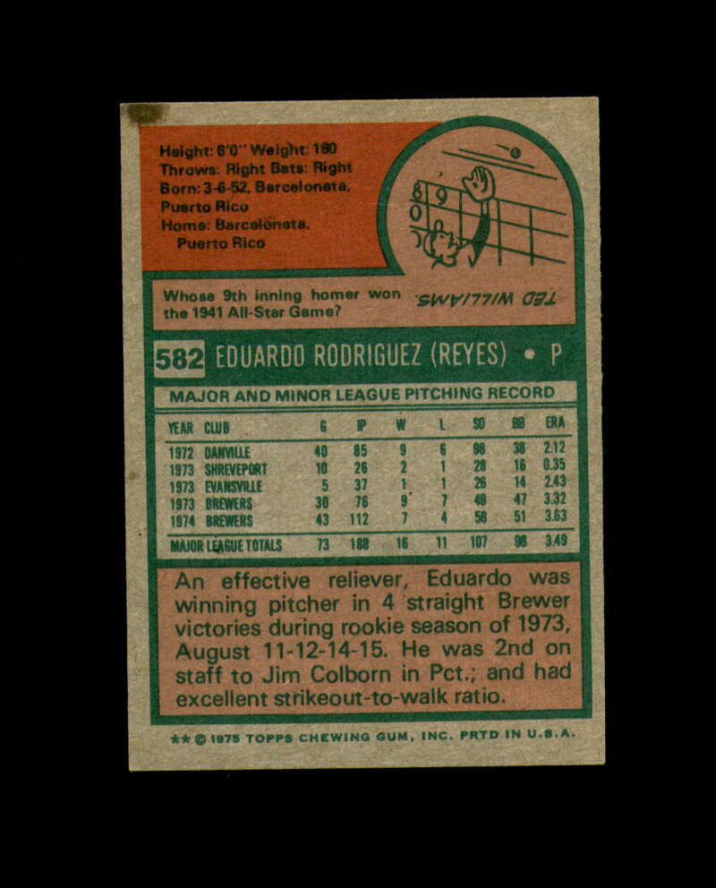 Eduardo Rodriguez Hand Signed 1975 Topps Milwaukee Brewers Autograph
