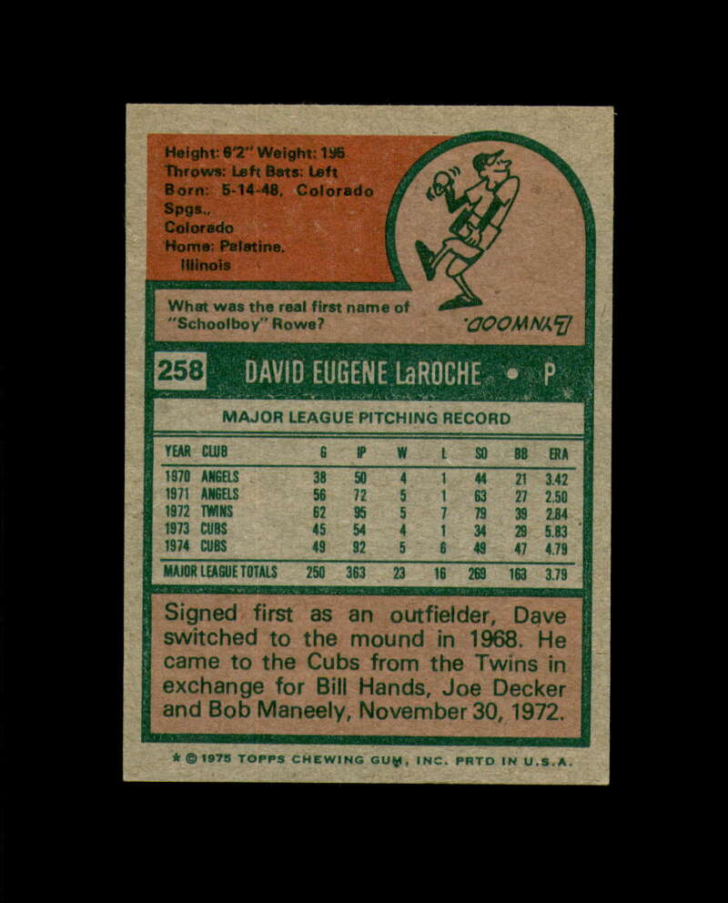 Dave LaRoche Hand Signed 1975 Topps Chicago Cubs Autograph