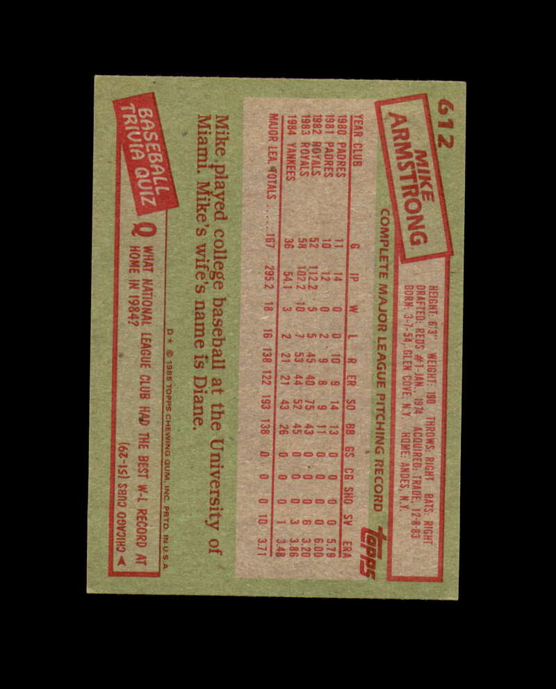 Mike Armstrong Hand Signed 1985 Topps New York Yankees Autograph