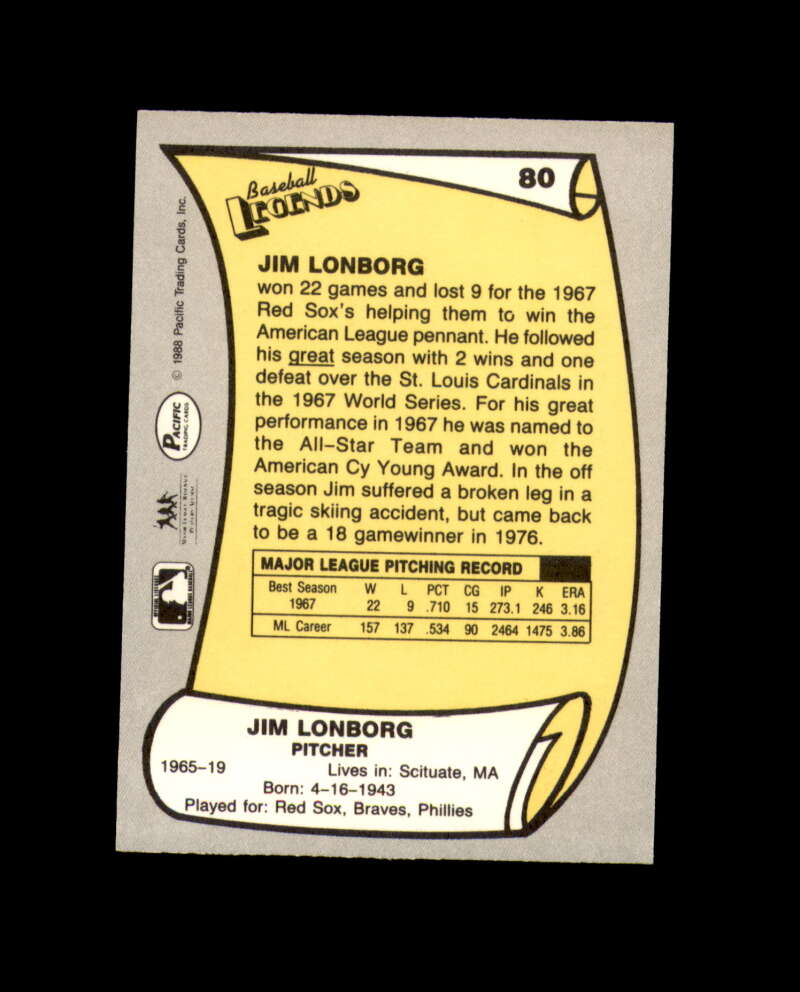 Jim Longborg Hand Signed 1988 Pacific Baseball Legends Boston Red Sox Autograph