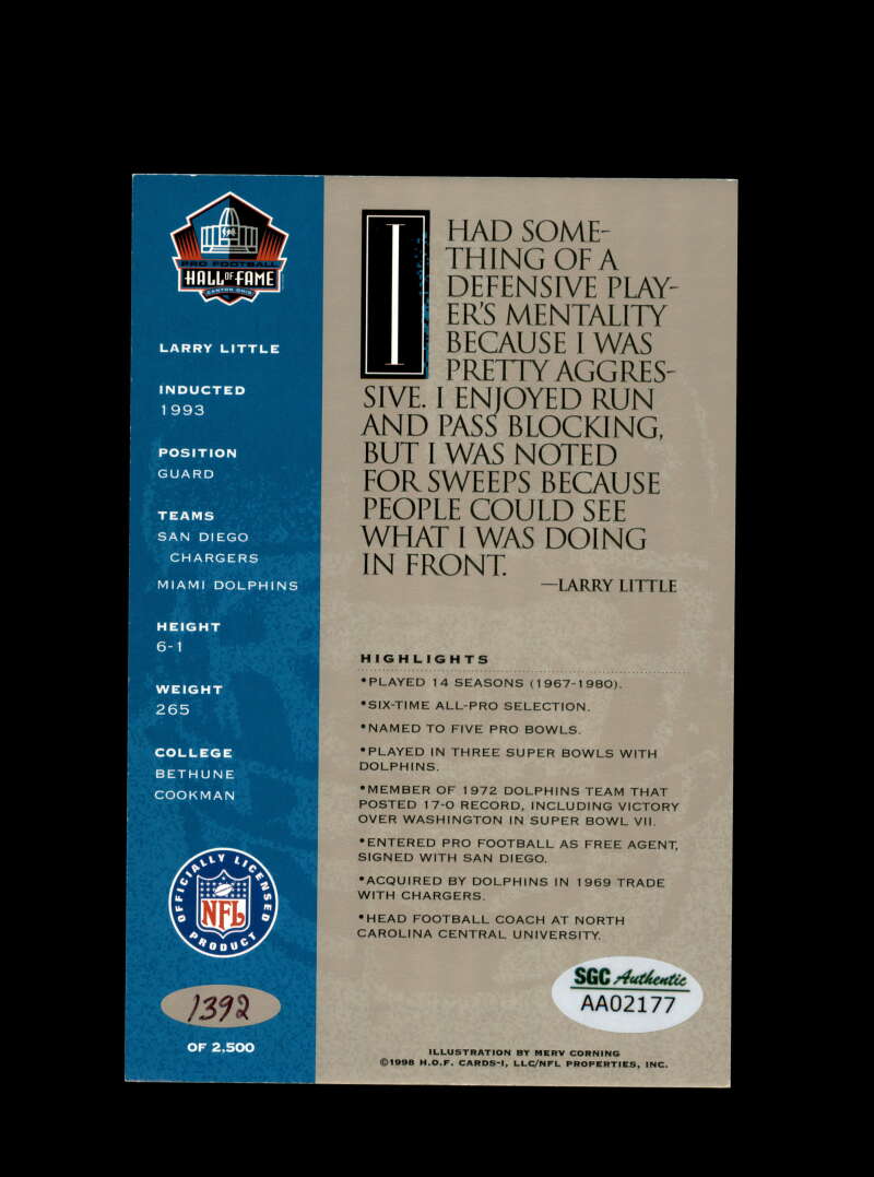 Larry Little Nm Mt 8 1998 HOF Signature Series Miami Dolphins Autograph
