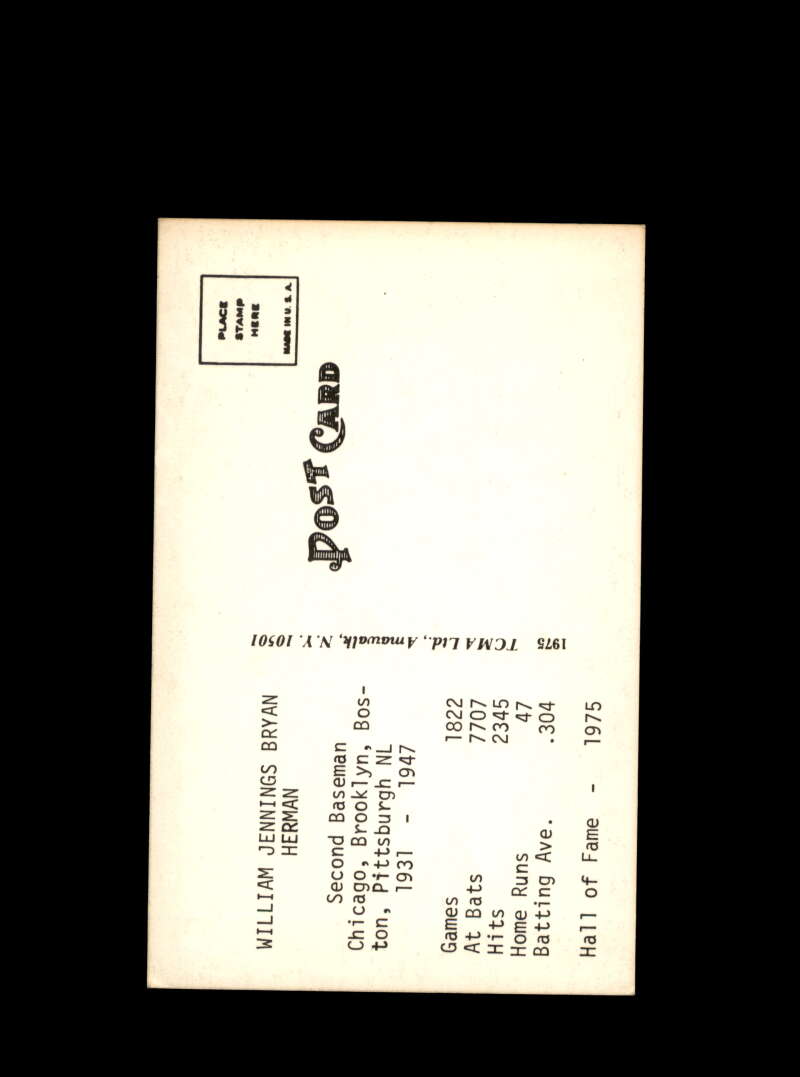 Billy Herman Hand Signed 1975 TCMA Postcard  Autographed