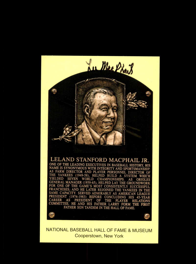 Lee MacPhail Hand Signed Gold Hall Of Fame Plaque Postcard  Autograph