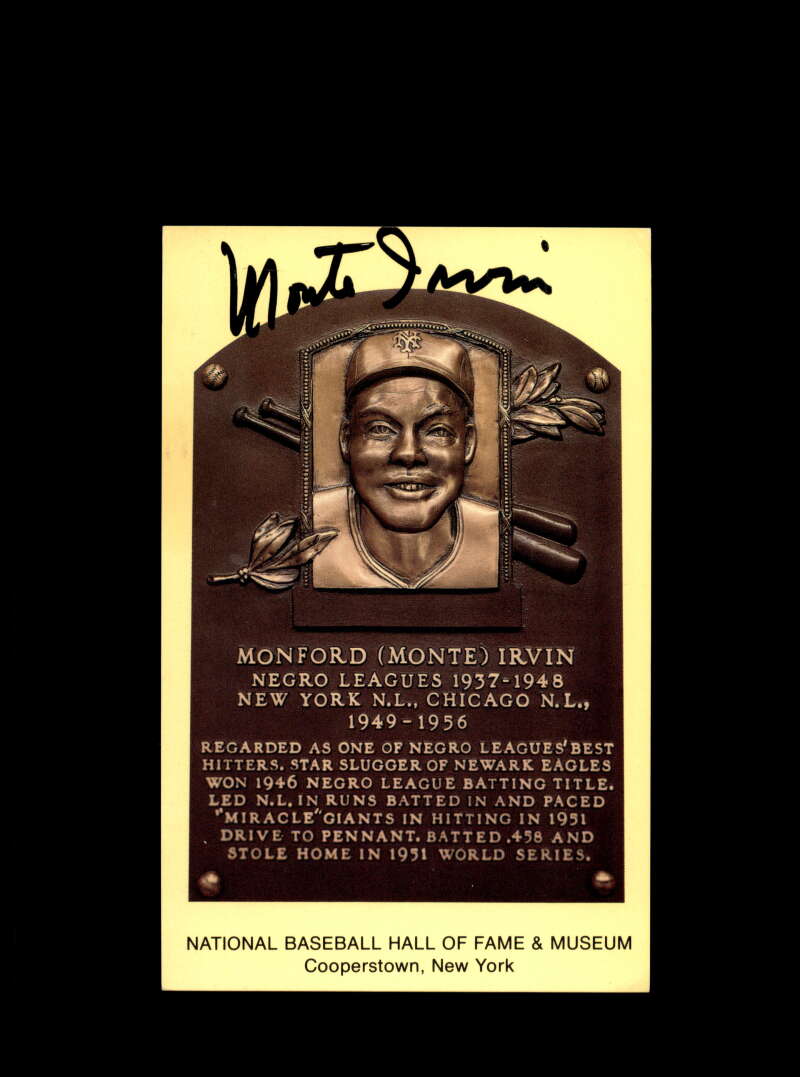 Monte Irvin Hand Signed Gold Hall Of Fame Plaque Postcard  Autographed
