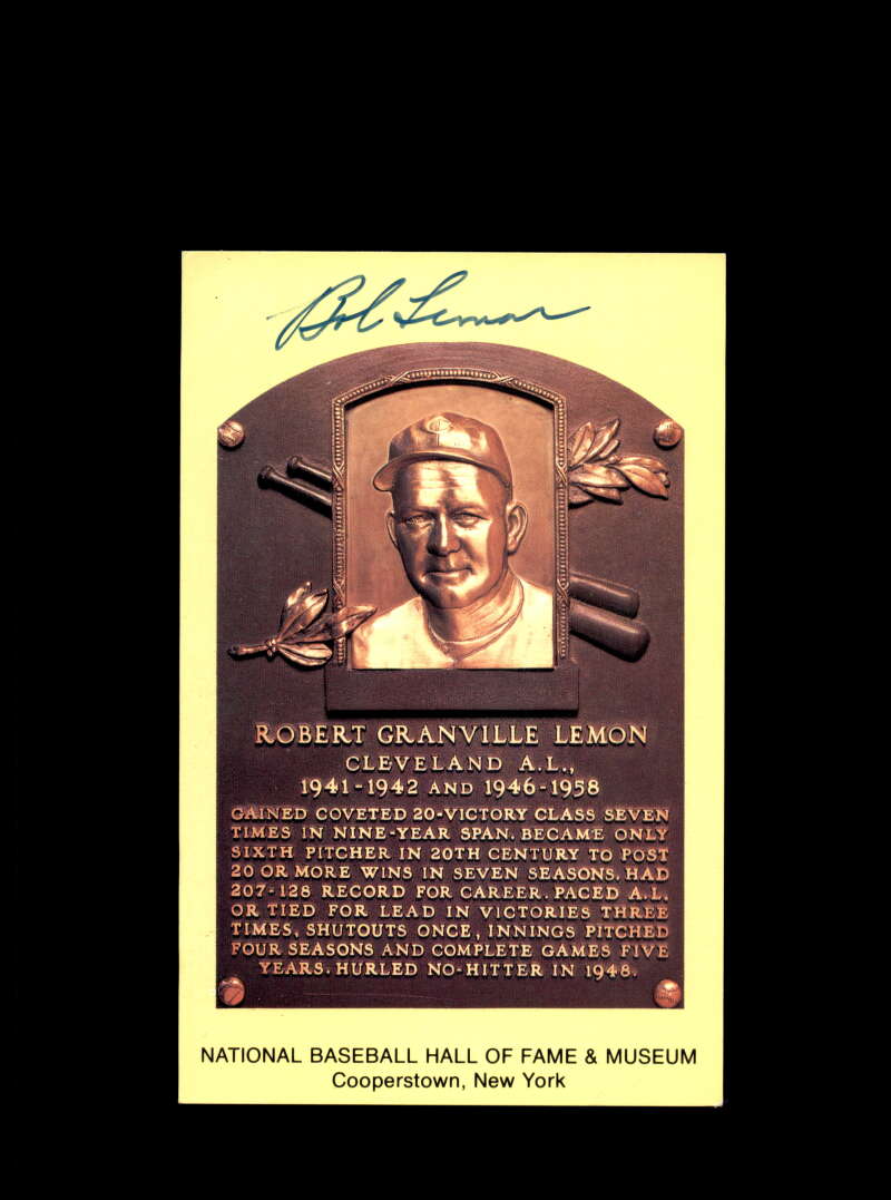 Bob Lemon Hand Signed Gold Hall Of Fame Plaque Postcard  Autograph