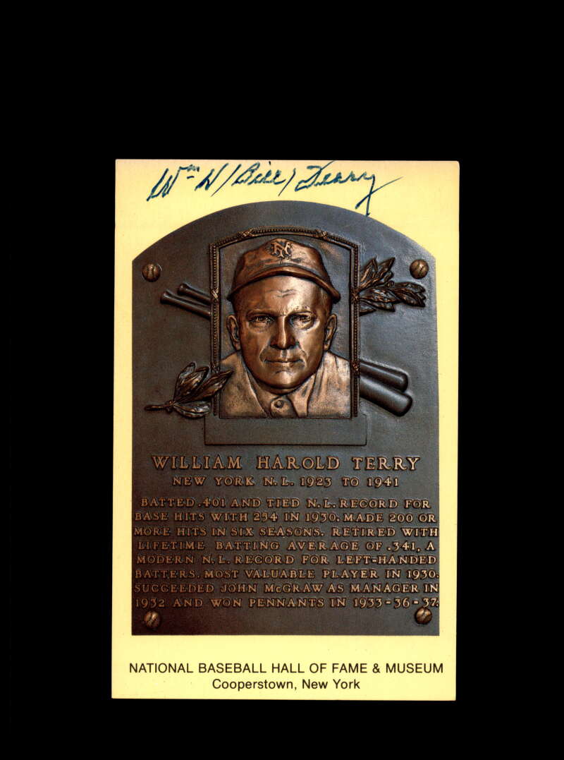 Bill Terry Hand Signed Gold Hall Of Fame Plaque Postcard  Autograph