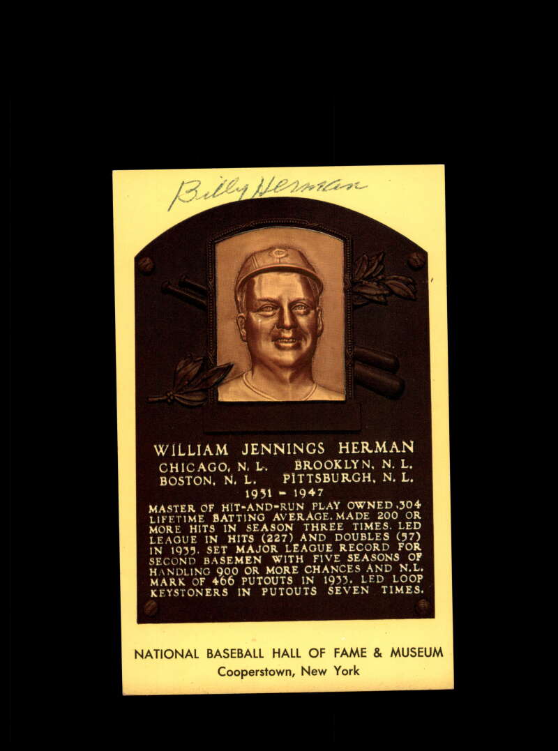Billy Herman Hand Signed Gold Hall Of Fame Plaque Postcard  Autograph