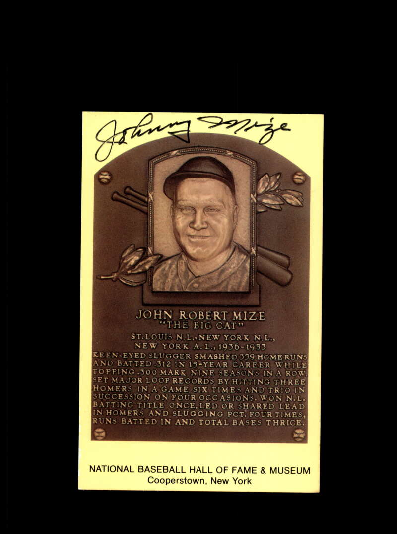 Johnny Mize Hand Signed Gold Hall Of Fame Plaque Postcard  Autograph