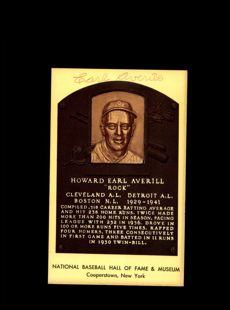 Earl Averill Hand Signed Gold Hall Of Fame Plaque Postcard  Autograph