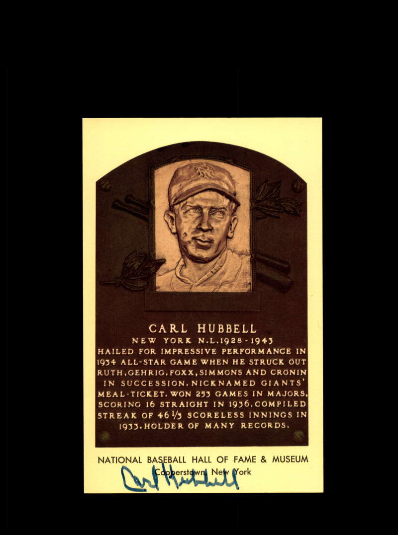 Carl Hubbell Hand Signed Gold Hall Of Fame Plaque Postcard  Autograph