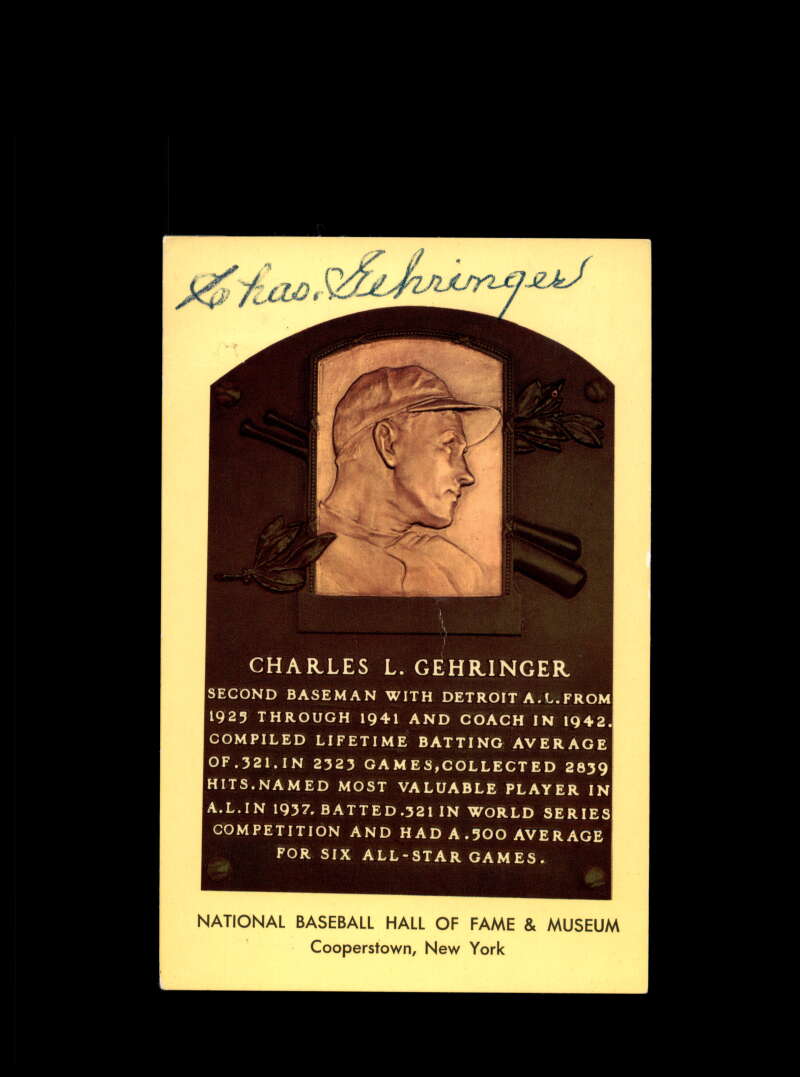 Charlie Gehringer Signed Gold Hall Of Fame Plaque Postcard  Autographed
