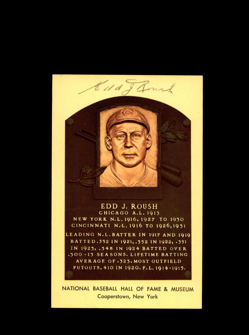 Edd Roush Hand Signed Gold Hall Of Fame Plaque Postcard  Autograph