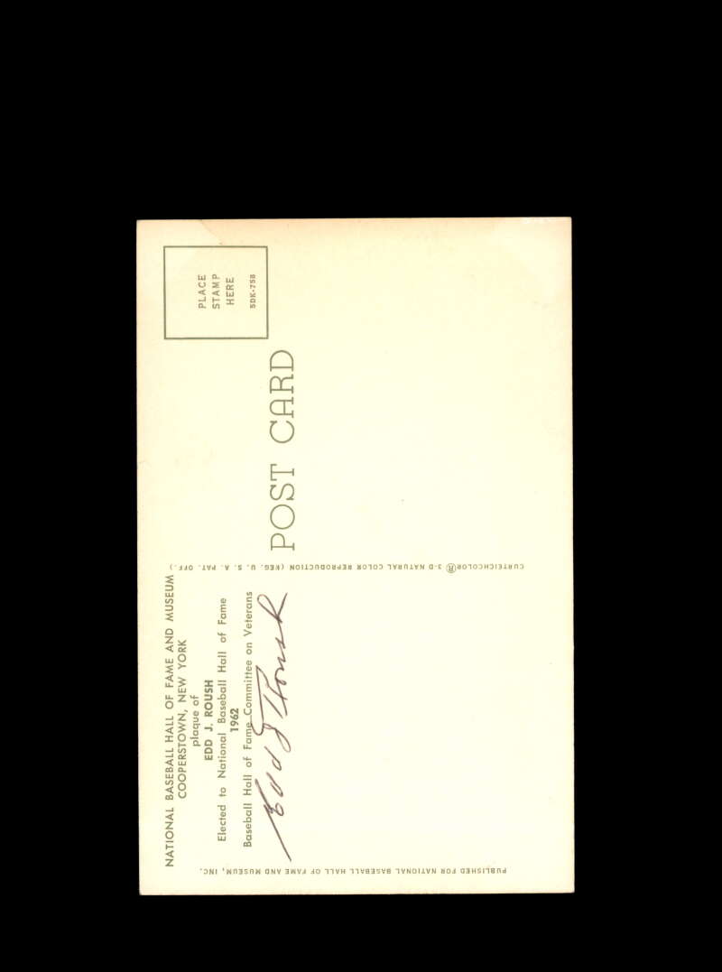 Edd Roush Hand Signed Gold Hall Of Fame Plaque Postcard  Autograph