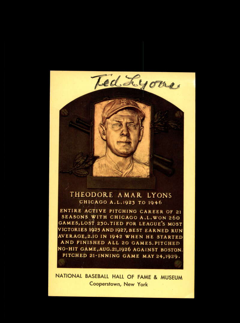 Ted Lyons Hand Signed Gold Hall Of Fame Plaque Postcard  Autograph