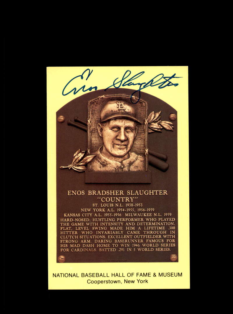 Enos Slaughter Hand Signed Gold Hall Of Fame Plaque Postcard  Autograph