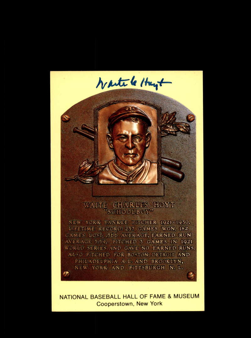 Waite Hoyt Hand Signed Gold Hall Of Fame Plaque Postcard  Autograph