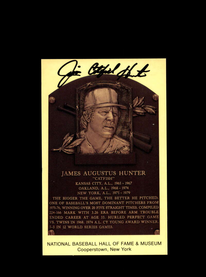 Jim Catfish Hunter Hand Signed Gold Hall Of Fame Plaque Postcard  Autograph