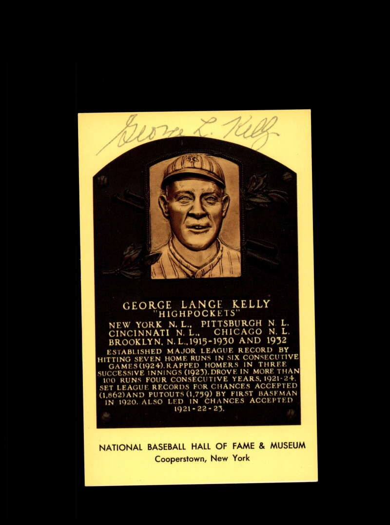 George Kelly Hand Signed Gold Hall Of Fame Plaque Postcard  Autograph